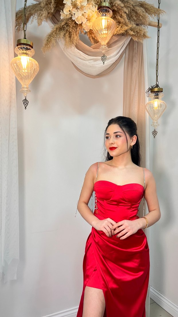 Parlak Kırmızı Uzun Drapeli Gece Elbisesi abiye - Görsel 3