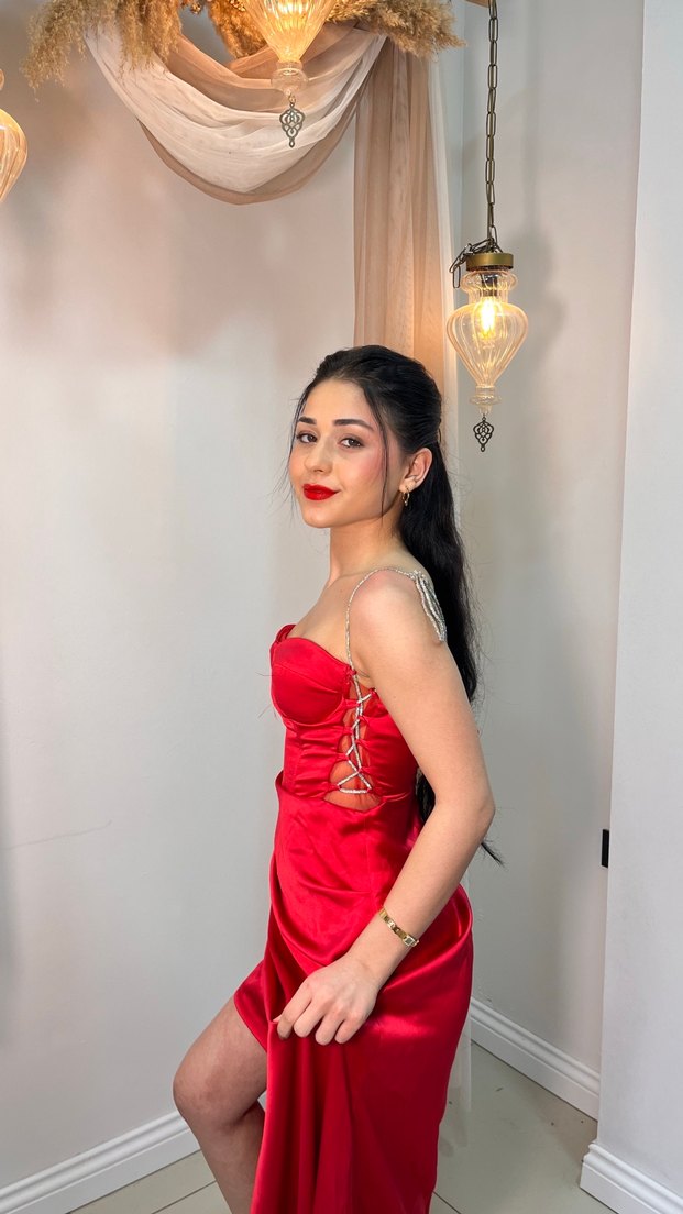 Parlak Kırmızı Uzun Drapeli Gece Elbisesi abiye - Görsel 5