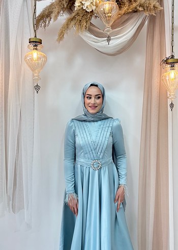 Mavi Drapeli Uzun Kollu Abiye Elbise tesettür - Görsel 3