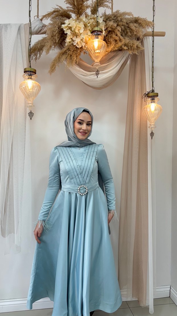 Mavi Drapeli Uzun Kollu Abiye Elbise tesettür - Görsel 4