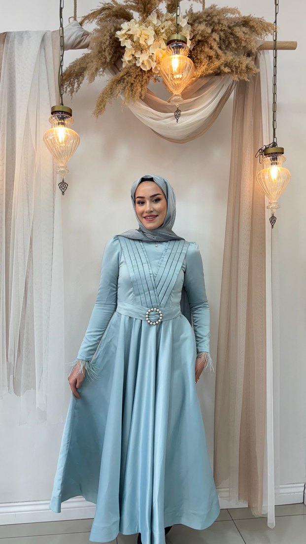 Mavi Drapeli Uzun Kollu Abiye Elbise tesettür - Görsel 5