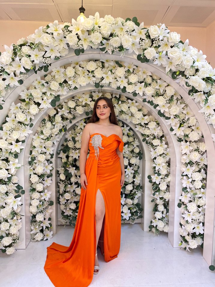 Turuncu Drapeli Straplez Uzun Abiye Elbise - Görsel 4