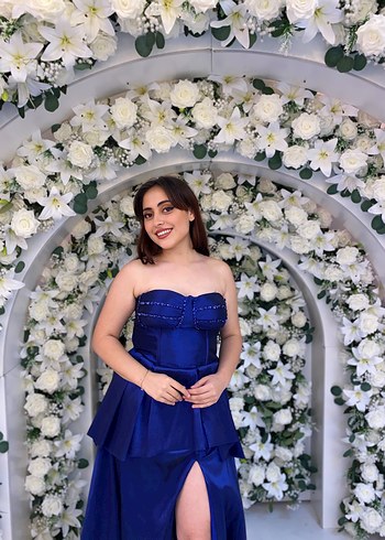 Straplez Mavi Drapeli Uzun Abiye Elbise
