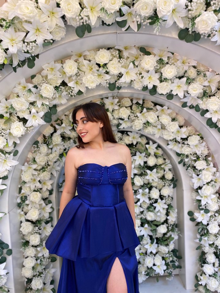 Straplez Mavi Drapeli Uzun Abiye Elbise - Görsel 2