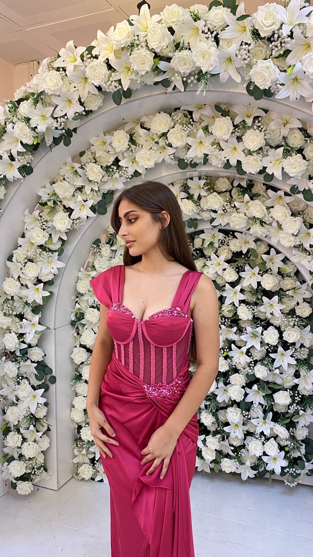 Pembe Straplez Drapeli Uzun Abiye Elbise - Görsel 3