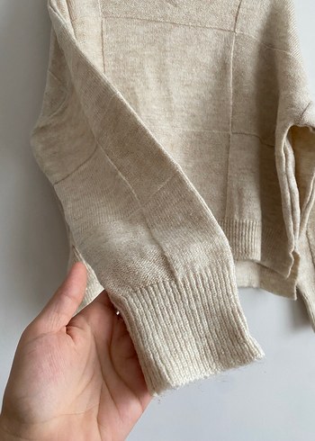 Bej Boğazlı Kadın Triko Kazak oversize - Görsel 2