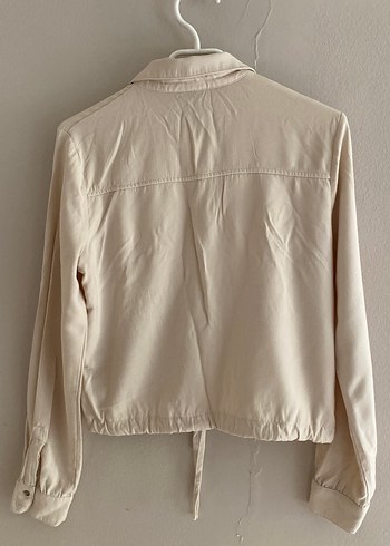 Bej Düğmeli Kadın Keten Bağlamalı Crop Gömlek - Görsel 2