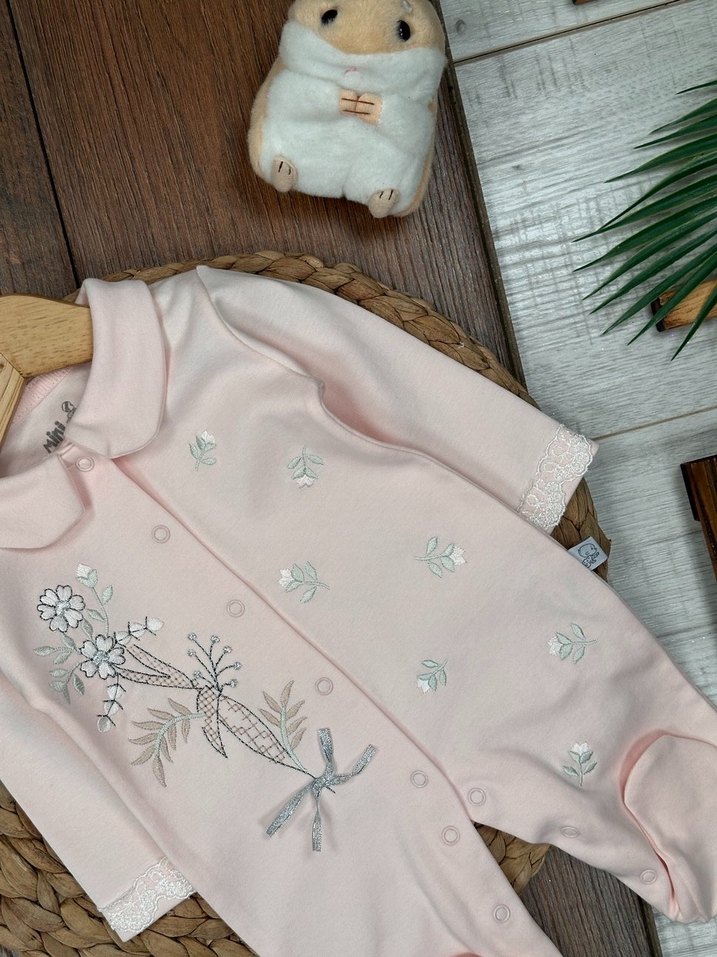 Dantel Detaylı Pembe Nakışlı Bebek Tulum - Görsel 2