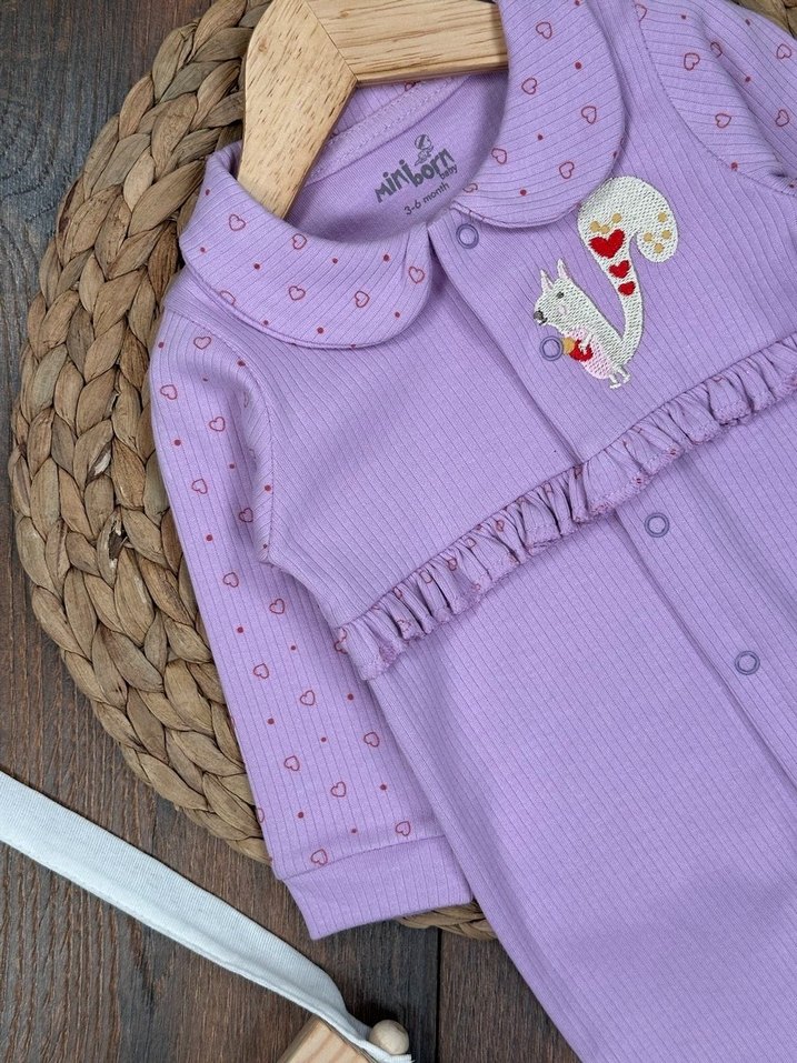 Mor Nakışlı Düğmeli Bebek Kız Tulum - Görsel 3