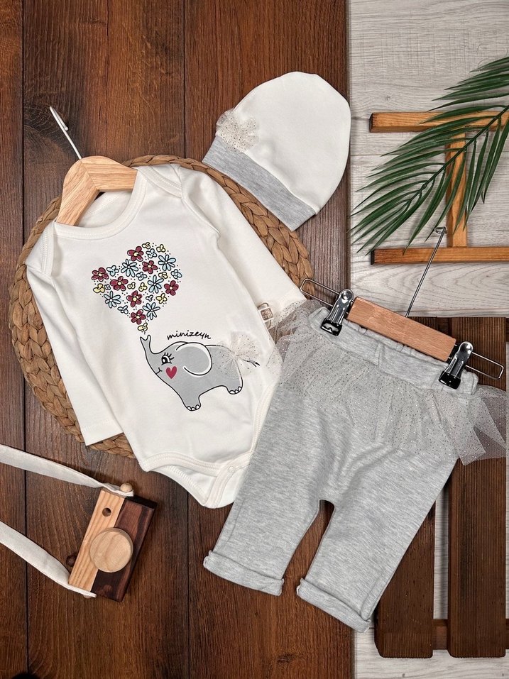 Gri Uzun Kollu Nakışlı Bebek Kız Takımı - Görsel 3