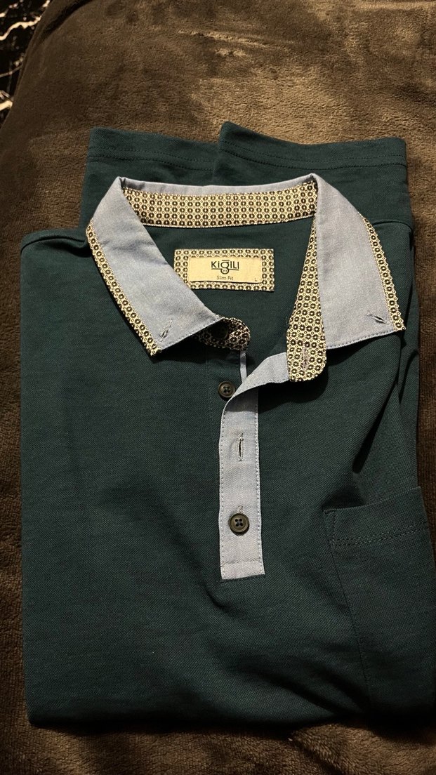 koyu yeşil Gri Düğmeli Polo Yaka Erkek Tişört - Görsel 2