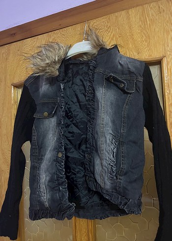 s Beden Kürklü Gri Kısa Denim Ceket