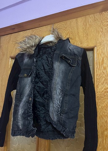 Kürklü Gri Kısa Denim Ceket