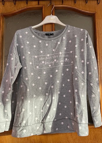 Gri Puantiyeli Düğmeli Kadın Sweatshirt - Görsel 2