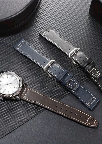 20 mm Klasik Mavi Deri Erkek Saat Kayışı - Görsel 3