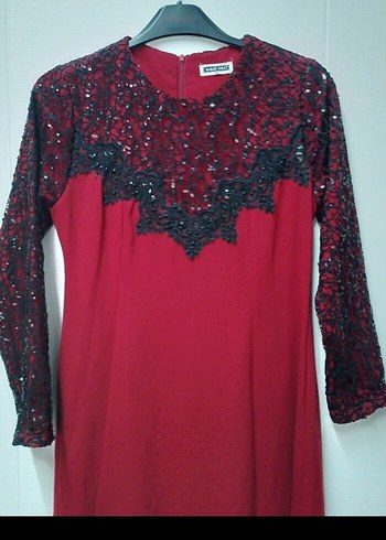 Bordo İşlemeli Uzun Kollu Uzun Elbise - Görsel 4