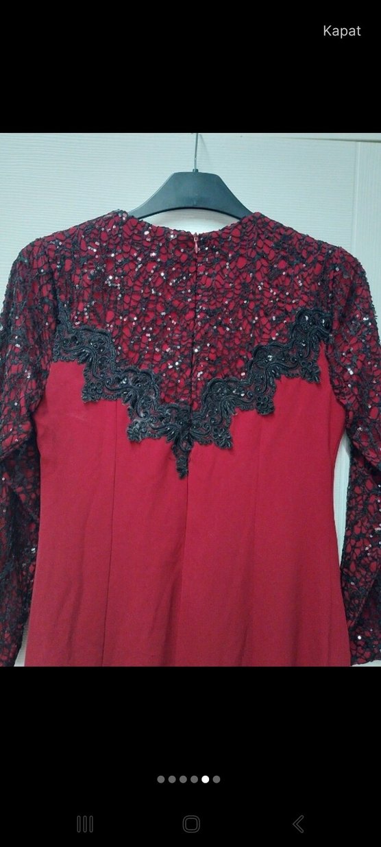 Bordo İşlemeli Uzun Kollu Uzun Elbise - Görsel 3