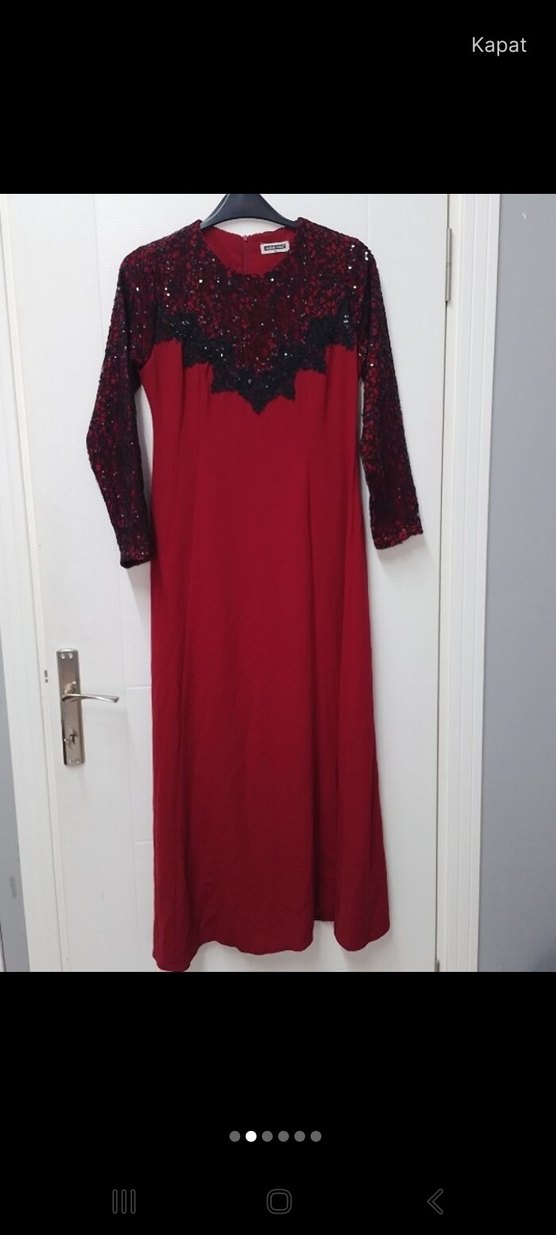 Bordo İşlemeli Uzun Kollu Uzun Elbise - Görsel 2