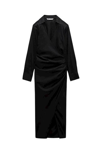 Uzun V Yaka Siyah Keten Elbise - Görsel 2