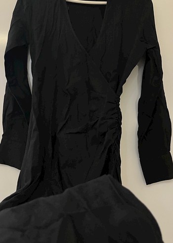 Uzun V Yaka Siyah Keten Elbise - Görsel 8