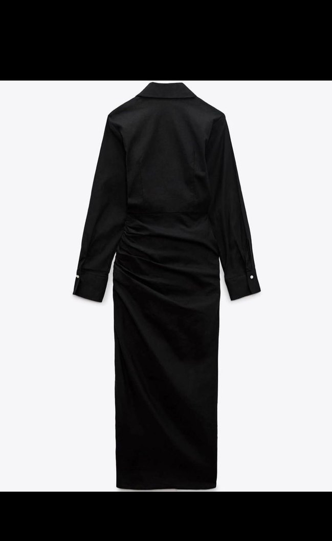 Uzun V Yaka Siyah Keten Elbise - Görsel 5