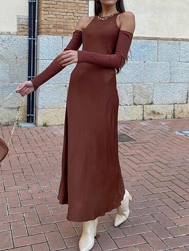 ZARA orijinal-Saten- örgü kolluklu maxi elbise -Small