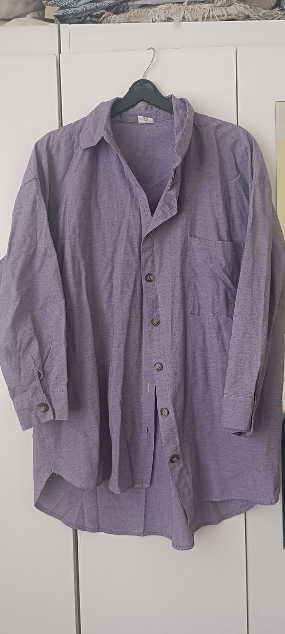 Düğmeli Uzun Kollu Mor lila Keten Gömlek - Görsel 2
