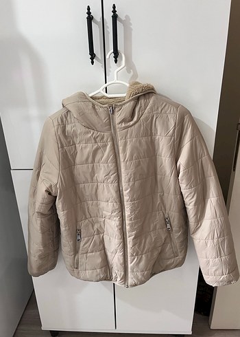 Defacto Bej çift taraflı şişme ve Peluş Kadın Midi Mont Kapüşonlu