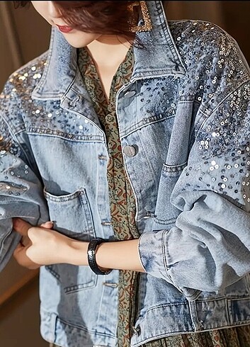 İthal oversize Pullu Kot Ceket