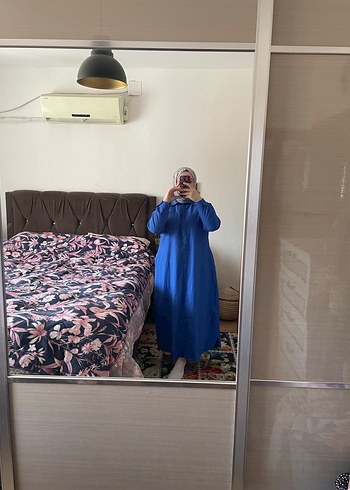 Uzun Kollu Mavi Salaş Keten Elbise