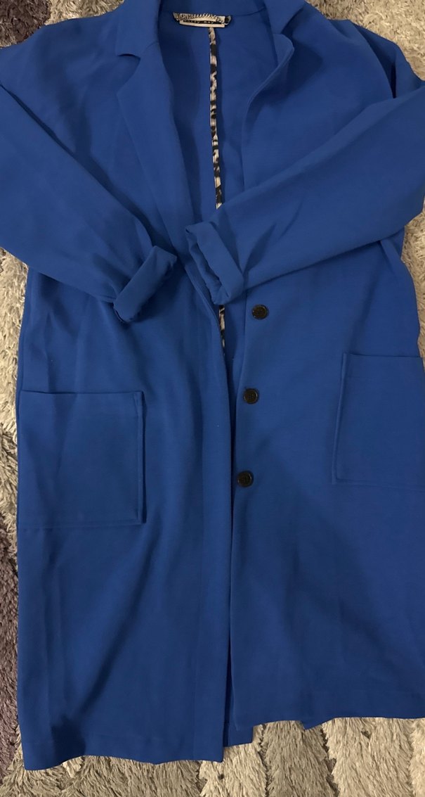 Mavi Uzun Düğmeli Kadın Kaban - Görsel 3