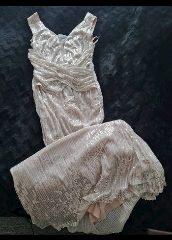 Sheinside Bej Parlak İşlemeli Drapeli Uzun Abiye Elbise Shein