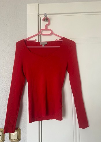 Kırmızı V Yaka Kadın Triko Kazak - Görsel 2