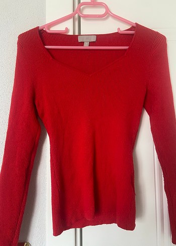 Kırmızı V Yaka Kadın Triko Kazak - Görsel 5