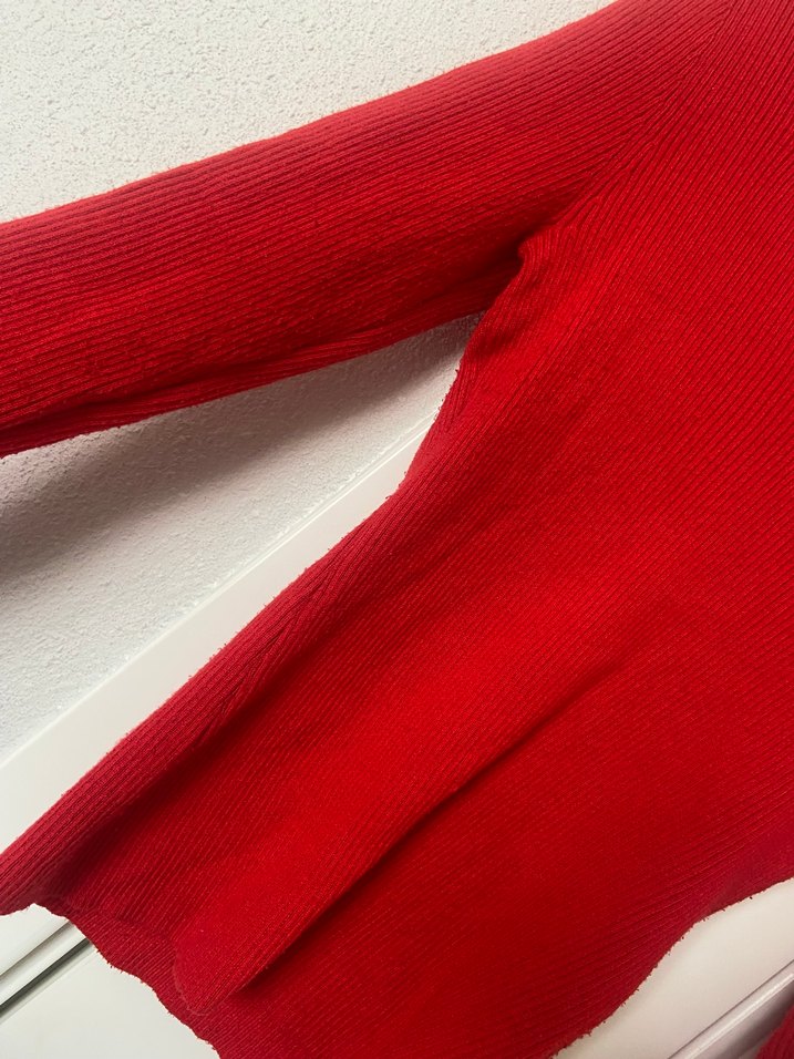 Kırmızı V Yaka Kadın Triko Kazak - Görsel 4