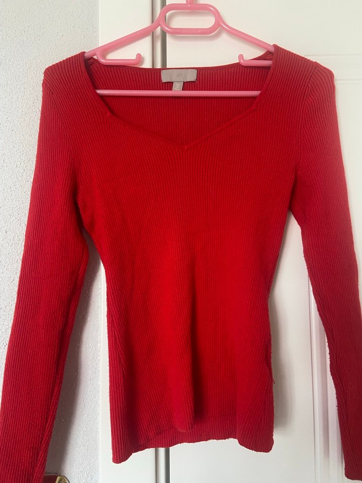 Kırmızı V Yaka Kadın Triko Kazak - Görsel 5