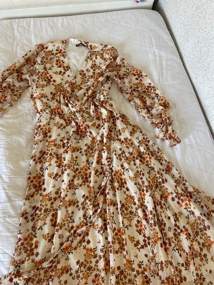 Bej Çiçek Desenli Uzun Bohem Elbise - Görsel 2