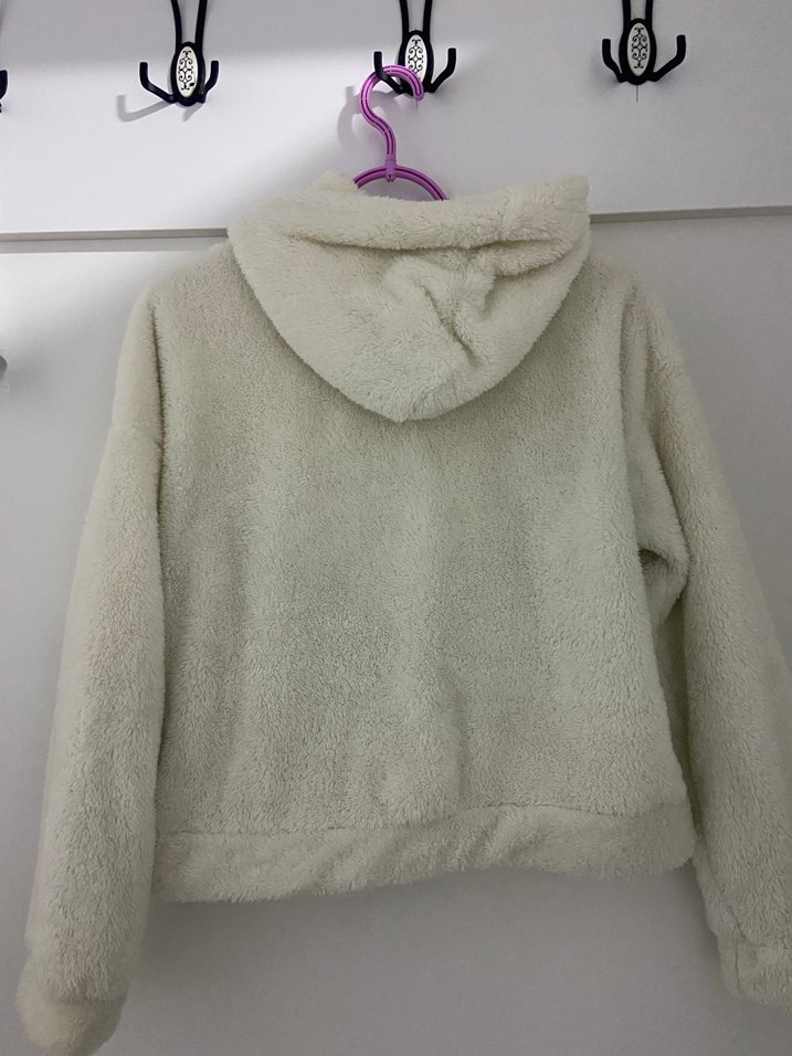 Beyaz Kapüşonlu Peluş Kadın Ceket - Görsel 2
