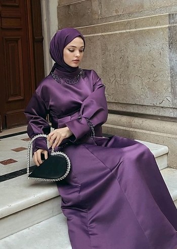 Abiye Mor Uzun Kollu Yüksek Yakalı Abiye Elbise