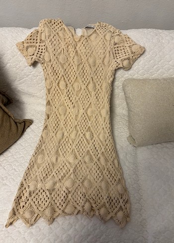 Bej V Yaka Kısa Kollu Bohem Triko Elbise - Görsel 3