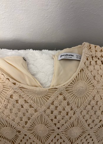 Bej V Yaka Kısa Kollu Bohem Triko Elbise - Görsel 2