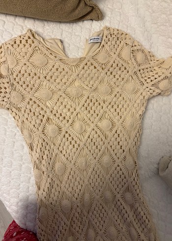 Bej V Yaka Kısa Kollu Bohem Triko Elbise - Görsel 4