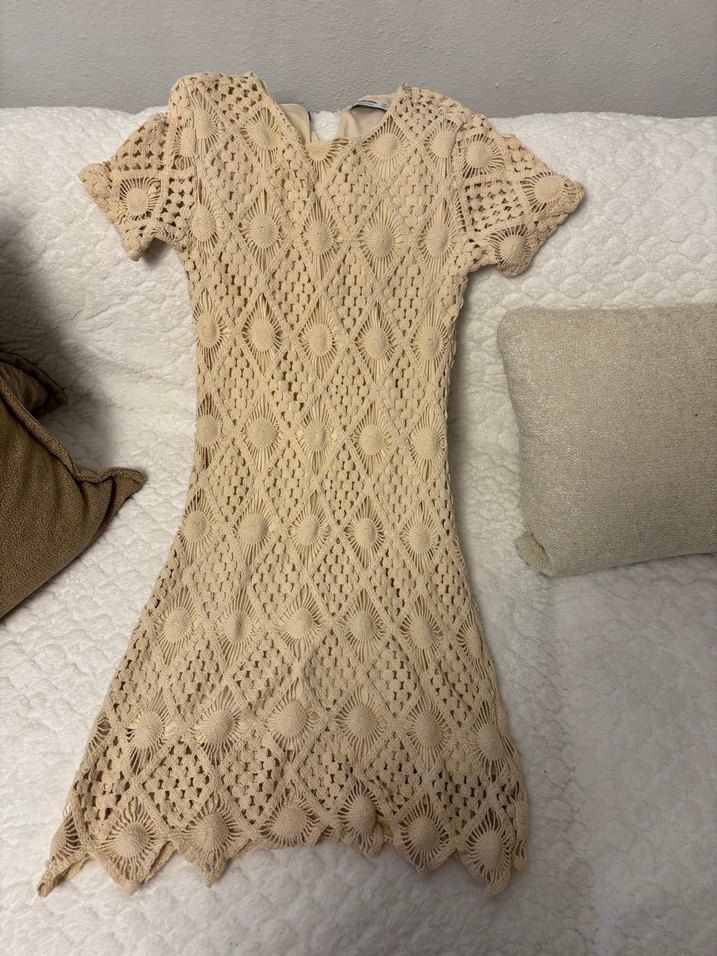 Bej V Yaka Kısa Kollu Bohem Triko Elbise - Görsel 3