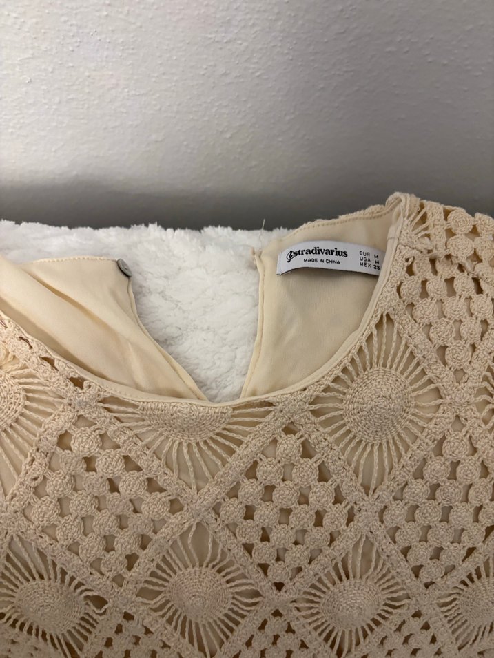 Bej V Yaka Kısa Kollu Bohem Triko Elbise - Görsel 2