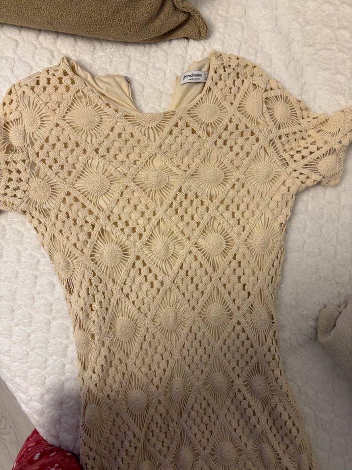 Bej V Yaka Kısa Kollu Bohem Triko Elbise - Görsel 4