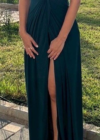 Zümrüt Yeşili Drapeli V Yakalı Elbise - Görsel 2