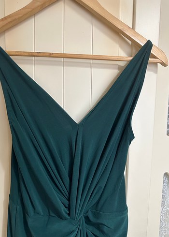 Zümrüt Yeşili Drapeli V Yakalı Elbise - Görsel 8