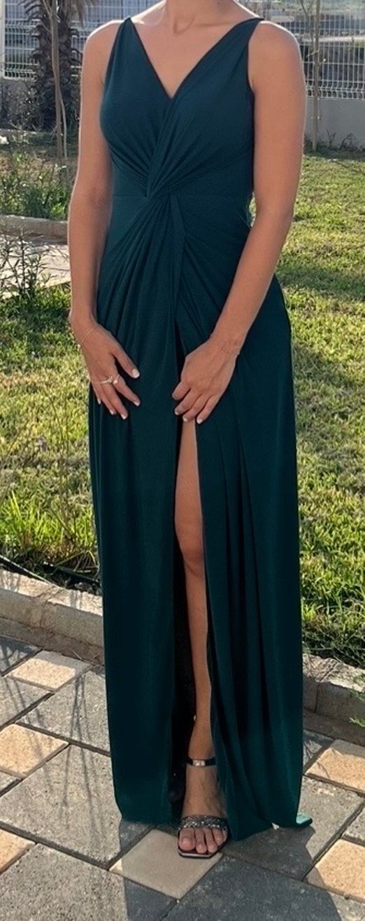 Zümrüt Yeşili Drapeli V Yakalı Elbise - Görsel 2