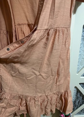 Turuncu Bohem Keten Midi Gömlek Elbise - Görsel 2