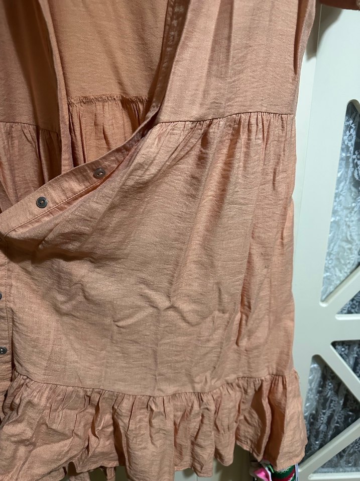 Turuncu Bohem Keten Midi Gömlek Elbise - Görsel 2